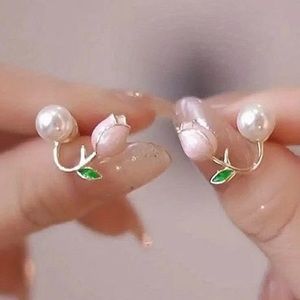 Sparkle With Elegant Light: Pink Tulip Flower Pearl Stud Earrings